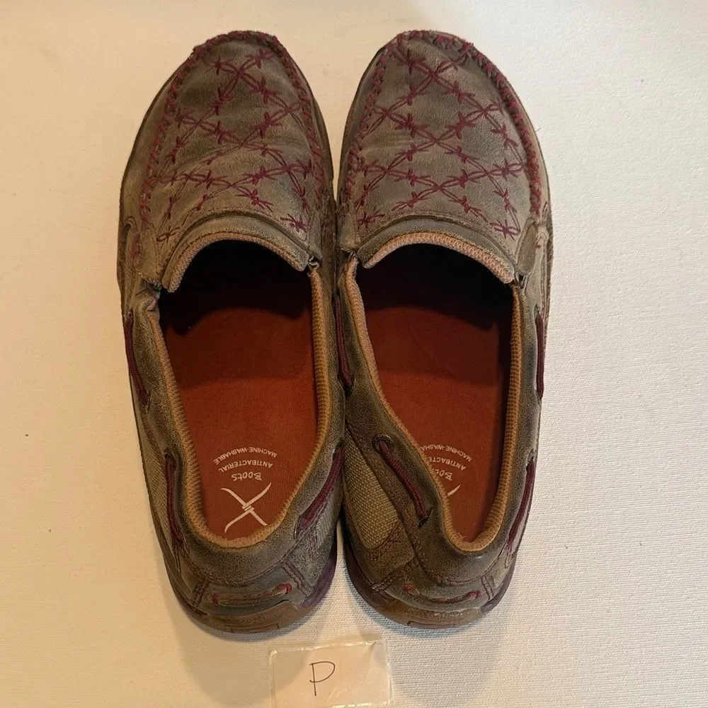 Twisted X Olive Suede Slip-On Loafers with Burgundy Stitching